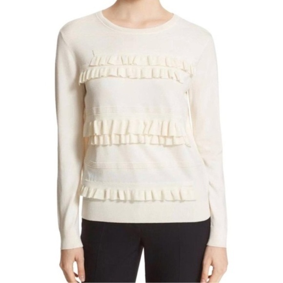 Diane von Furstenberg Benni Ruffled Merino Ivory Pullover Sweater L - Picture 1 of 9